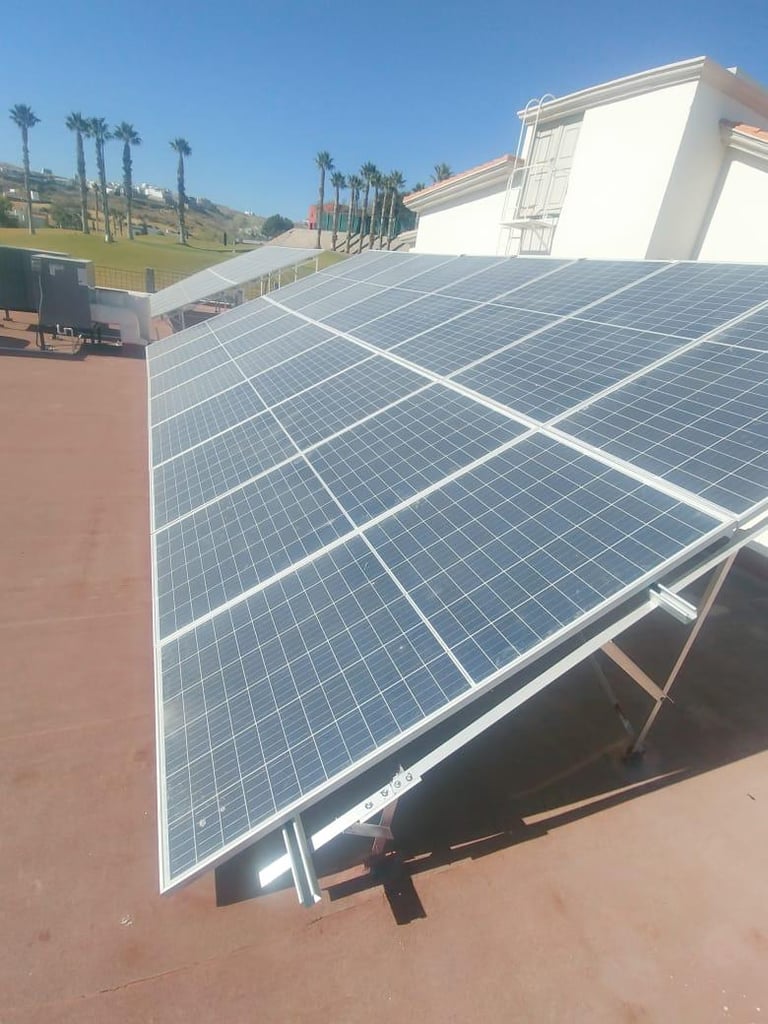 Array of blue solar panels mounted on rooftop with hillside, palm trees, and white building in background under clear sky